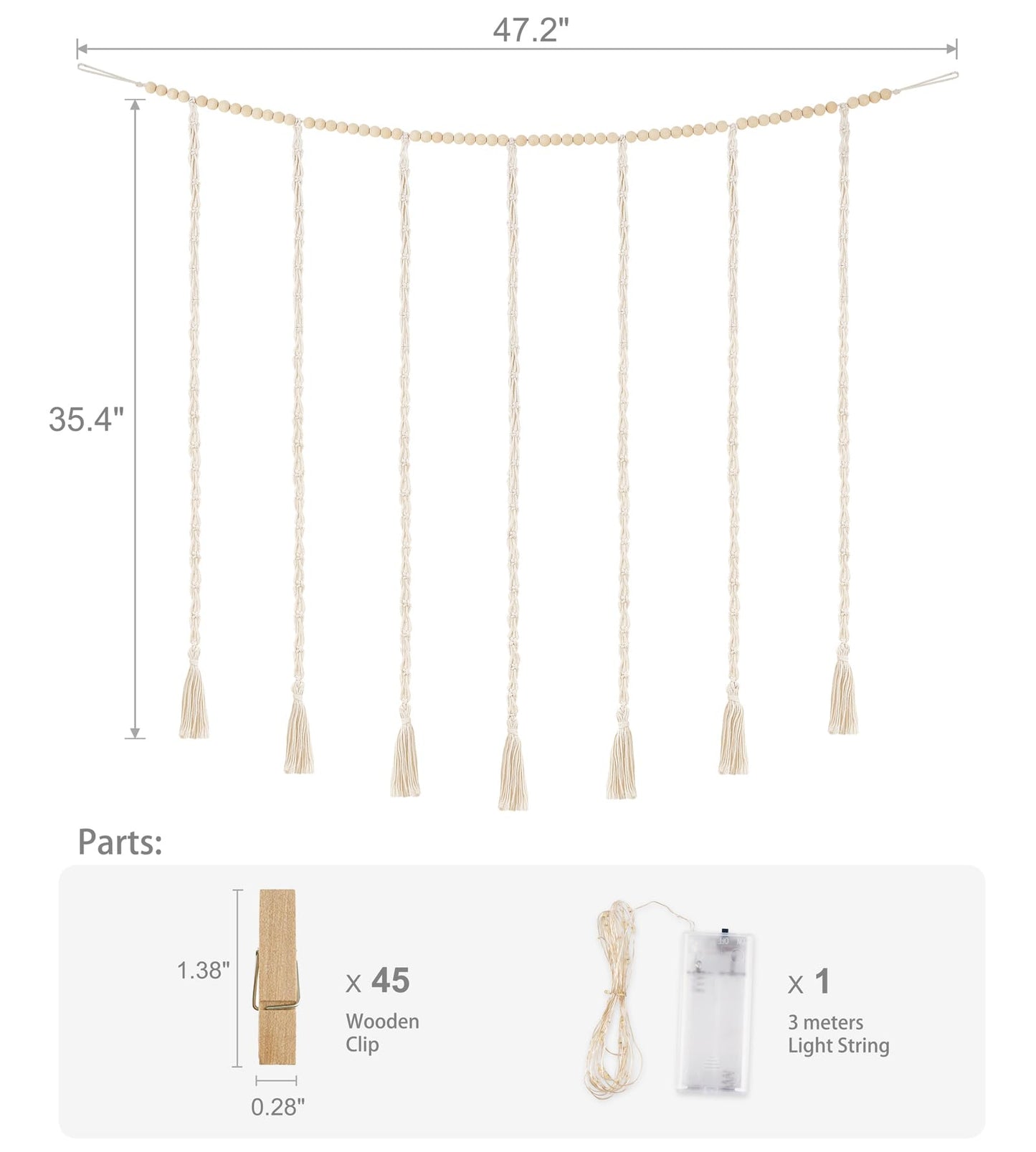 Mkono Macrame Hanging Photo Display Wall Decor with String Lights, Boho Wooden Beads Garland Collage Picture Card Frame Holder with 45 Clips for Bedroom Living Room Dorm, Teen Girls Gifts