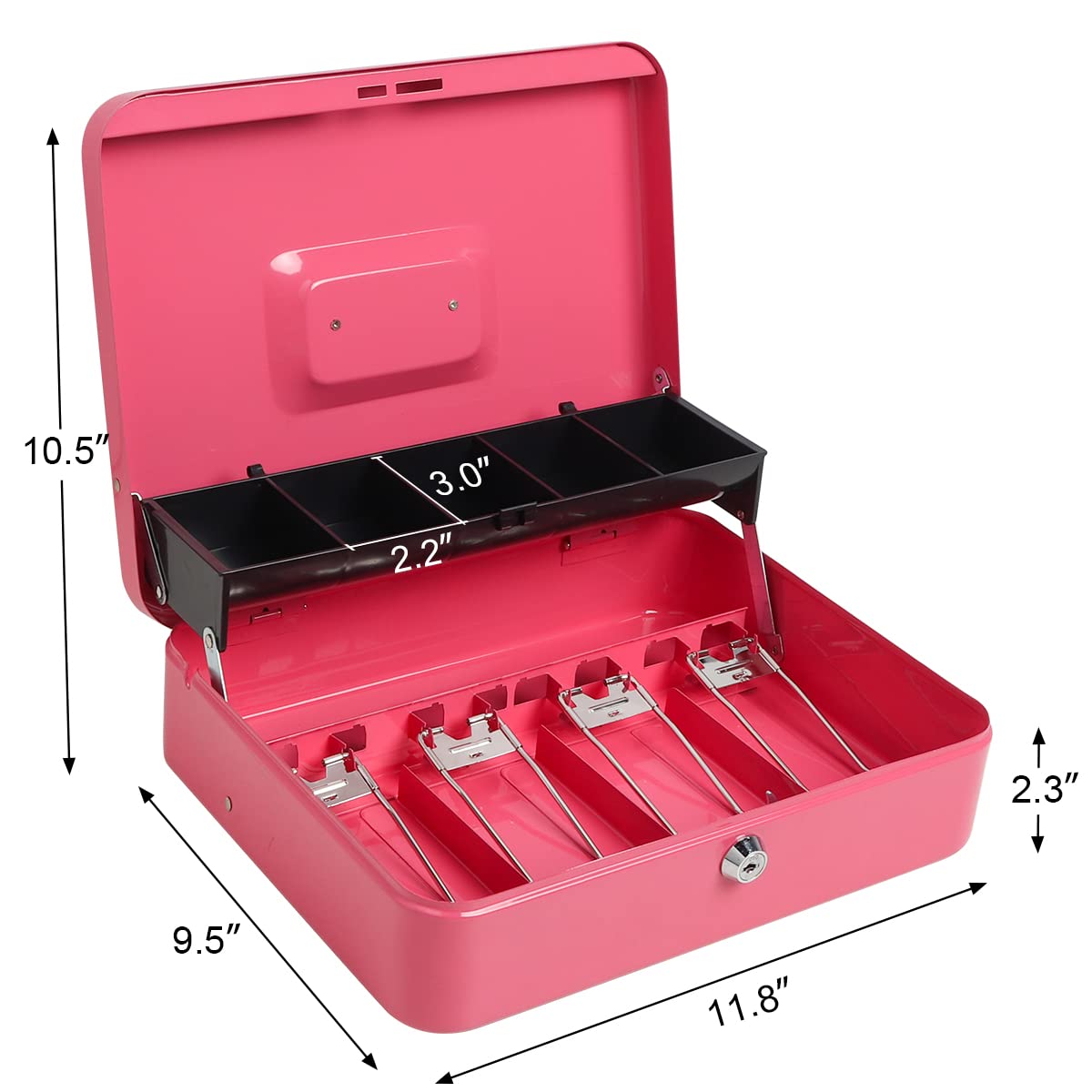 Parrency Cash Box with Key Lock, Lock Box Safe Storage Security Locker with Security Cable, Durable Metal Cash Box with Money Tray, 11.8" x 9.5" x 3.5", K-Soft Pink