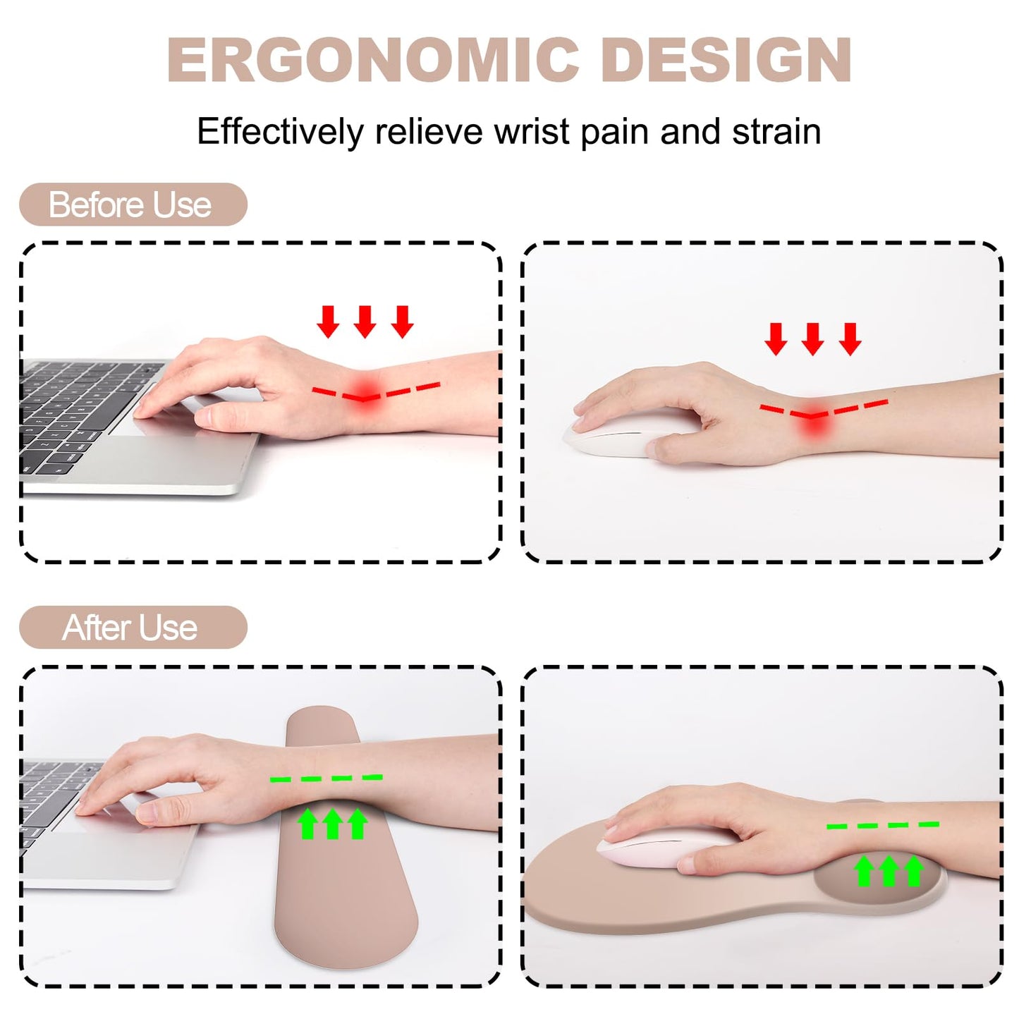 Ergonomic Mouse Pad with Wrist Rest and Keyboard Wrist Rest, Gel Mousepad and Wrist Rest for Computer Keyboard, Pain Relief, Non-Slip PU Base, Mouse Pad with Wrist Support for Gaming, Office, Brown