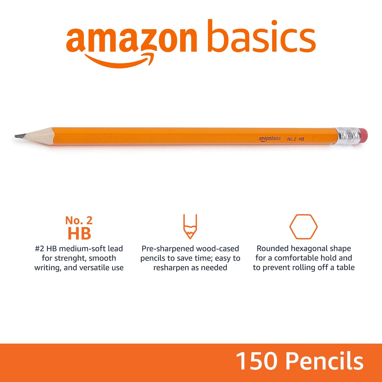 Amazon Basics Wood-Cased #2 Pencils for Writing, Drawing and Sketching, Pre-sharpened, HB Soft Lead with Erasers, Teacher Supplies, 150 Count, Yellow