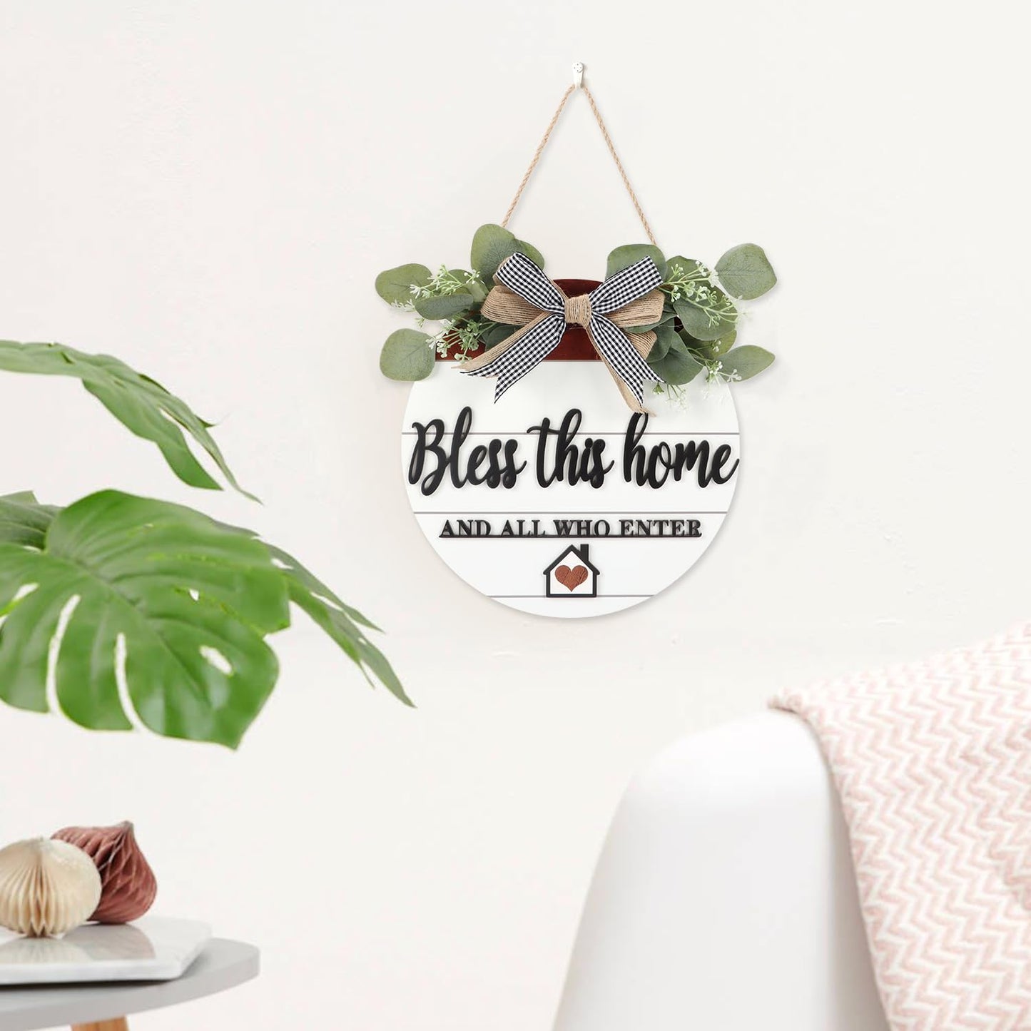 TOARTi 3D Bless This Home Wooden Door Sign Hanging, Welcome Porch Wall Sign with Bow-Knot Wreath, Bless This Home and Who Enter Sign Housewarming Gift for Kitchen/Entryway/Porch/Front Door