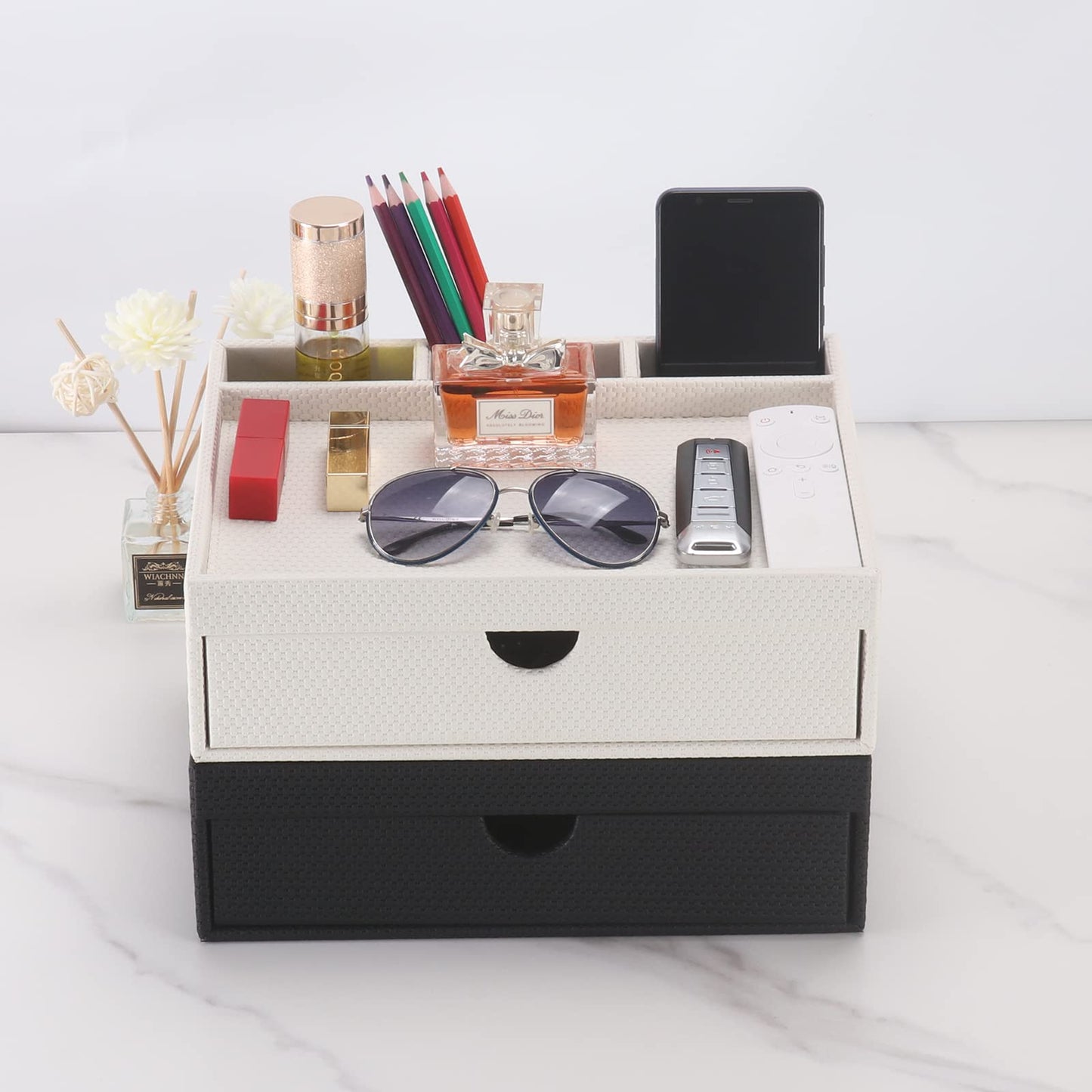 SYRWDXTX Leather Desk Organizer With Drawers, Home Cosmetics & Phone Remote Organizer, Drawer Plus Divider & Tray (white)