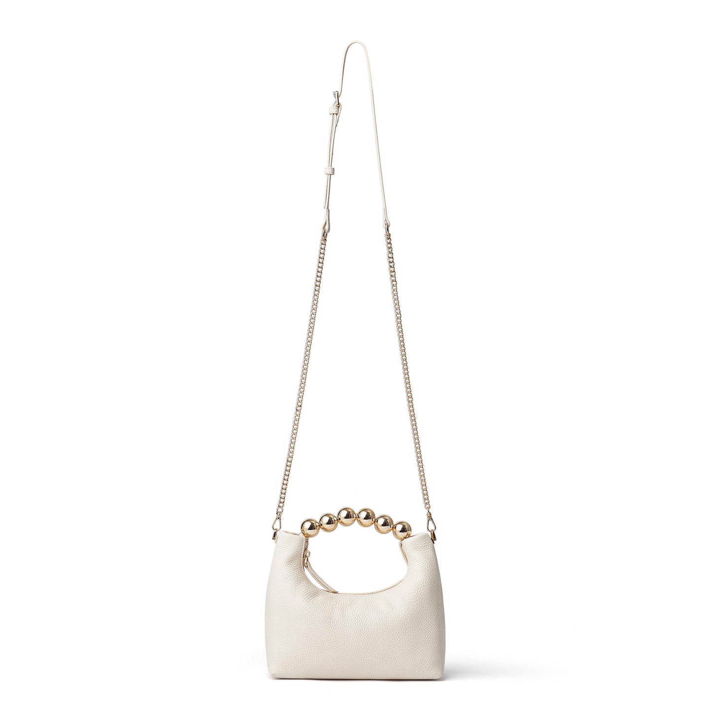 DORIS&JACKY Small Top Handle Clutch Purse for Women, Designer Leather Evening Crossbody Bag with Metal Ball Tote Handle And Leather Chain Strap (Cowhide- White)