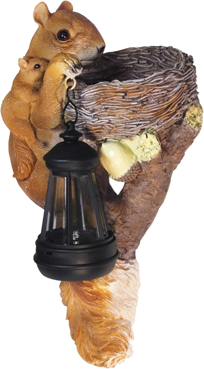 Solar Garden Decor: 11.8-Inch Squirrel Resin Statue Bird Feeder - Solar Statue, Lawn Ornament,Yard Decorations Outdoor, Garden Decor Unique Birthday Housewarming Gifts for Mom, Women,