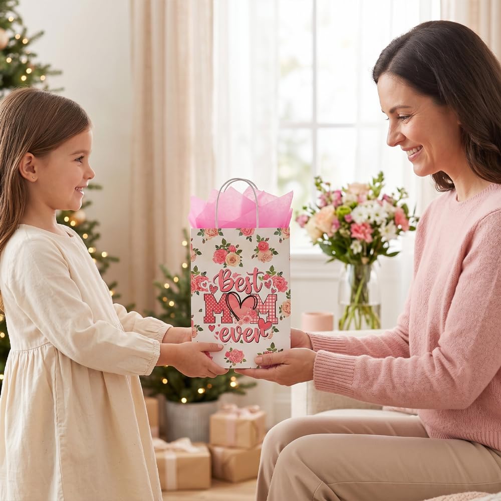 CMSSHUAI 20 Pcs Mother's Day Bags with Tissue Paper,Medium Small Mothers Day Bags with Handles Floral Mothers Paper Bags Treat Bags Candy Bags Bulk for Mom Grandma Wife Women