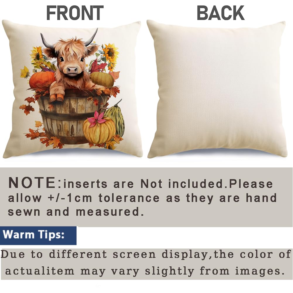 RABUSOFA Fall Outdoor Pillow Covers 18x18 Inch Waterproof Set of 2 Autumn Highland Cow Sunflower Farmhouse Decorations for Home Thanksgiving Pumpkin Decor Decorative Throw Pillow Cases for Patio Couch