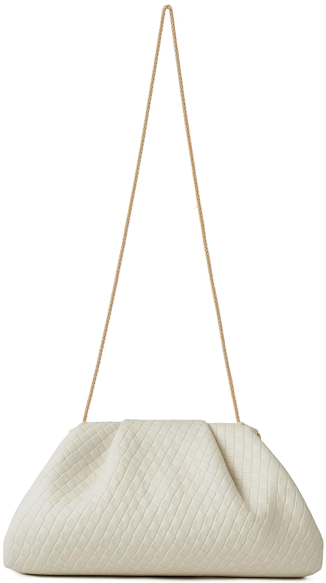 ChrisWish Women's Woven Evening Bag Ruched Dumpling Clutch Purse Detachable Chain Crossbody Bag(Beige White)