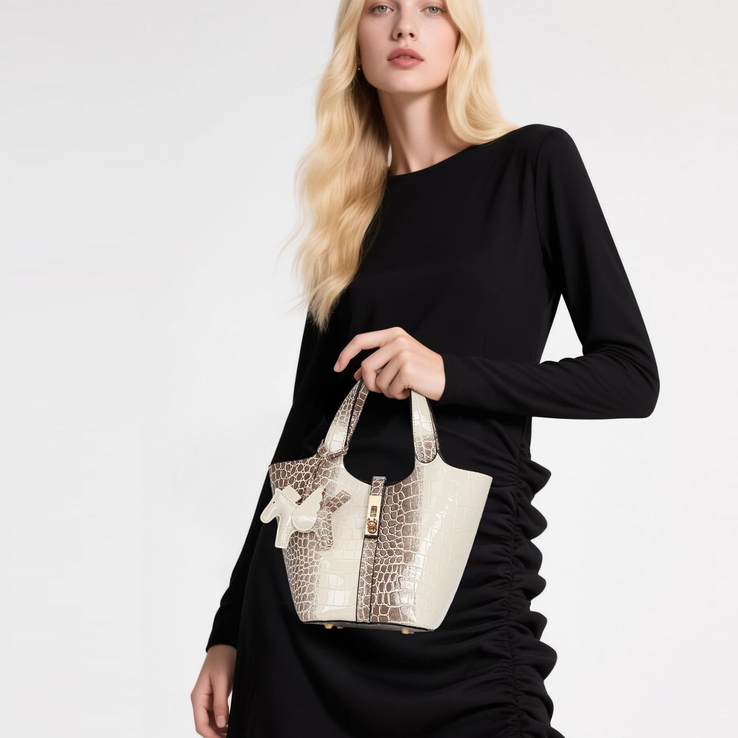 Jooniter Tote Bag for Women Vegan Leather Satchel Bags for Women Crocodile Pattern Bucket Bags Shoulder Handbag Purse Clutch Bags for Work Evening Apricot