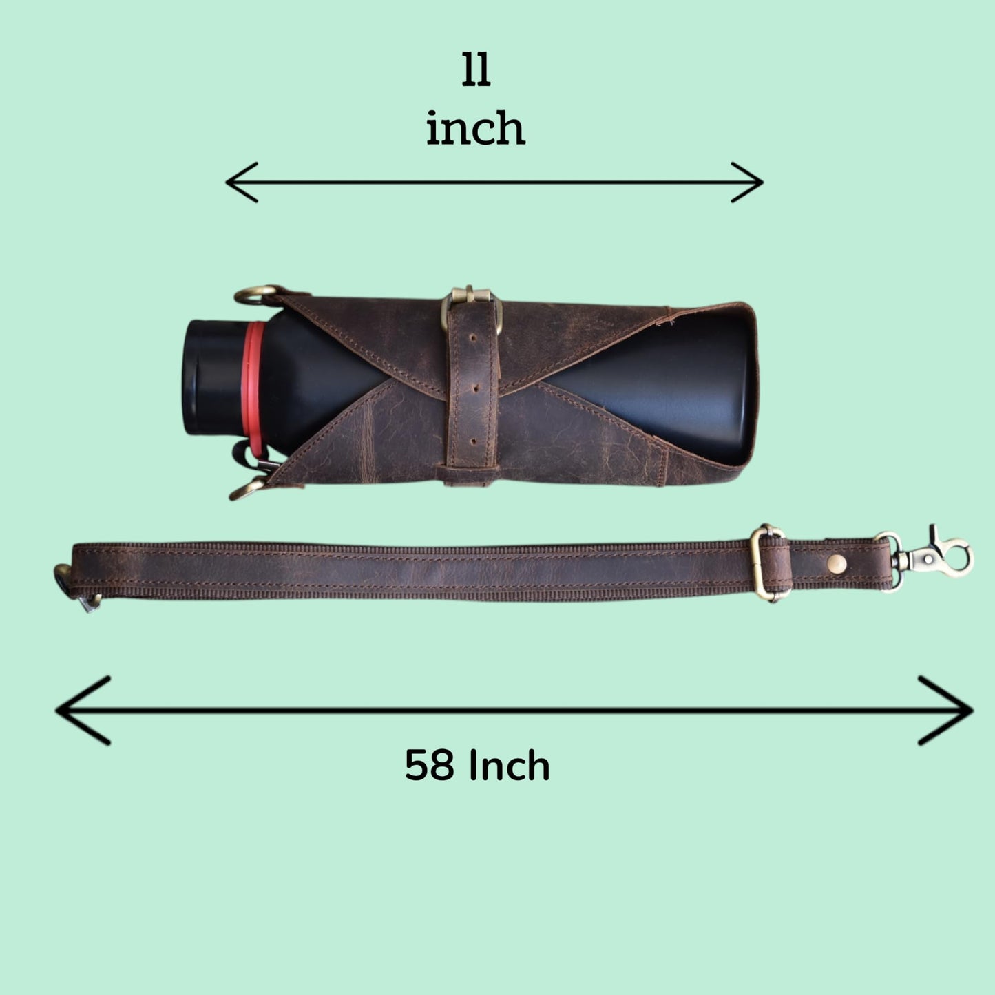 Leather Water Bottle Holder with Strap, Heavy Duty Brass Crossbody Brown Sling Bag, 1 Liter Universal Tumbler Carrier for Travel, Hiking, Walking & Camping (Bottle Excluded)