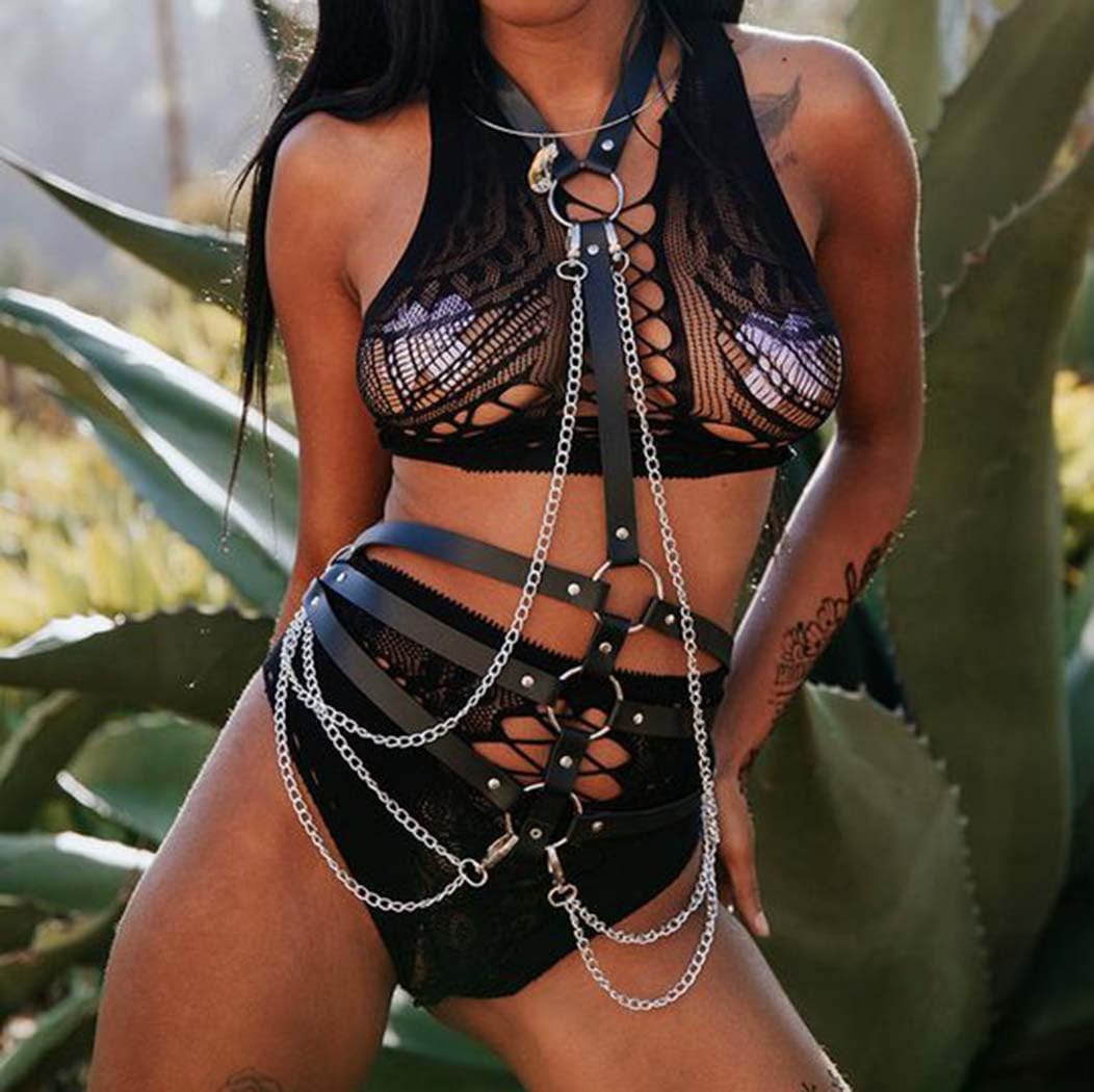 Kesvb Goth Harness Black Chest Chain Leather Harness for Women