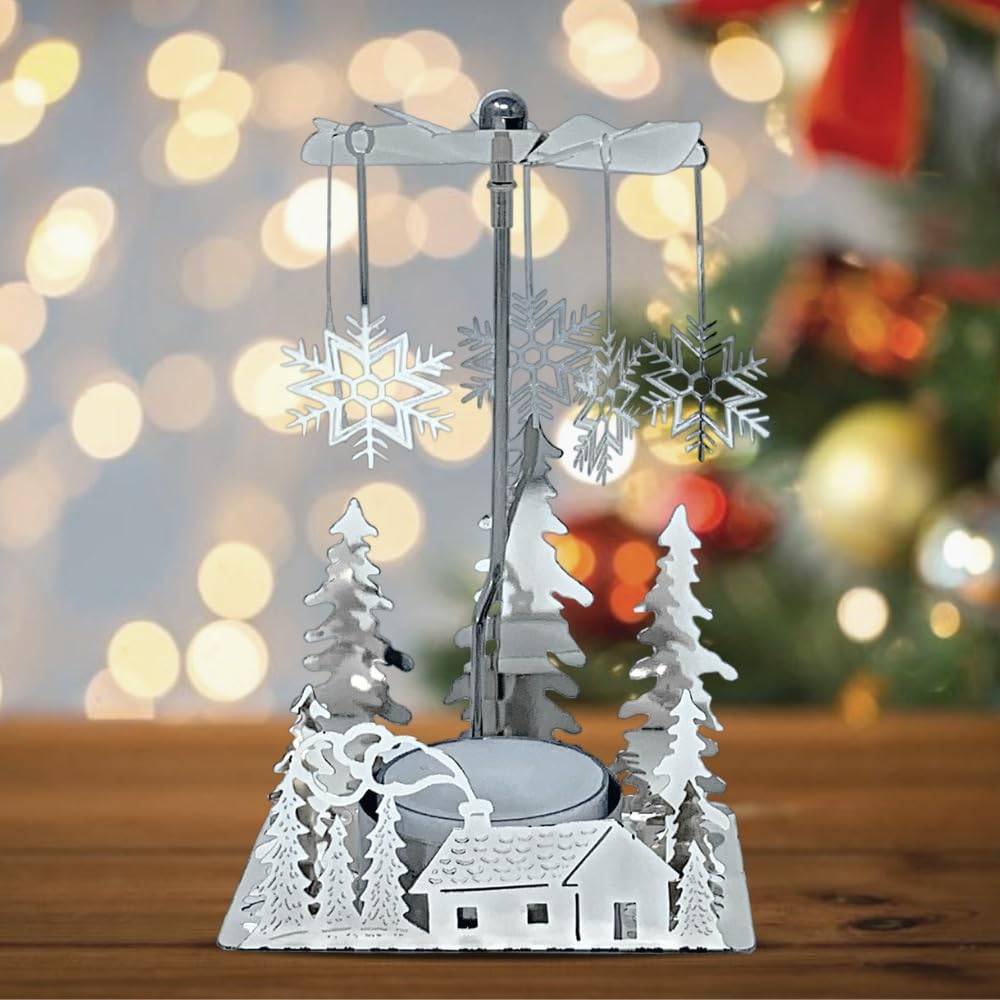 Winter Cabin Silver Holiday Candle Spinners Set of 3, Silver Plated Laser Cut Christmas Tea Light Candle Holders with Cabin, Trees & Snowflake Charms, Spinning Winter Scene Table Decor, 5 Inch