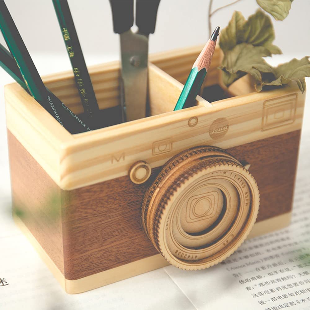 Leadigol Camera Wooden Pencil Holder,Desktop Pencil Holder Gift Makeup Organizer Double-layer Crafts Creative Camera Multi Purpose Use Desk Accessories