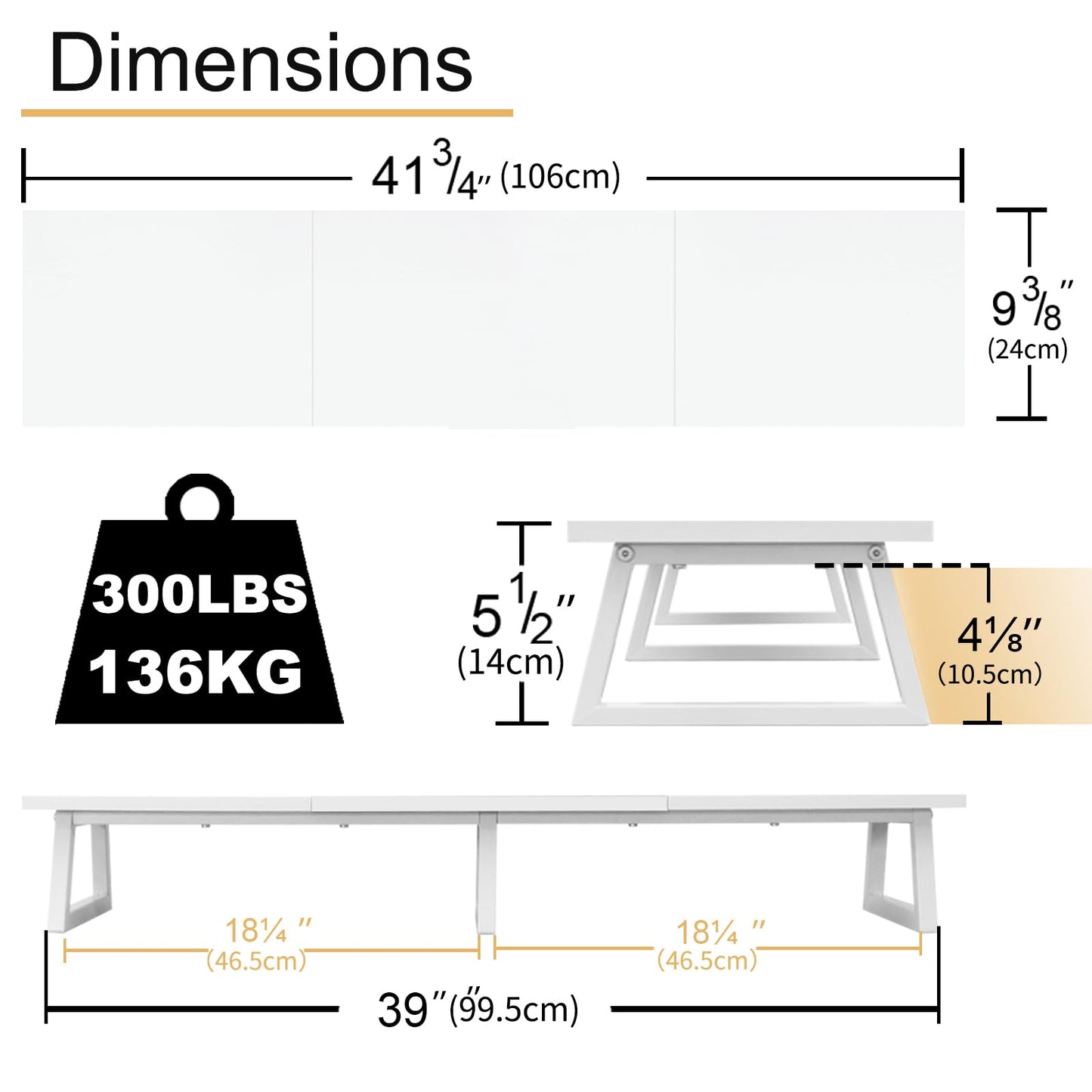 TEAMIX White Dual Monitor Riser for 2 Monitors-42inch, Wood Desktop Dual Stand with Metal Legs, Long Screen/PC/Laptop Storage,Computer Shelf TV Holder Home Office