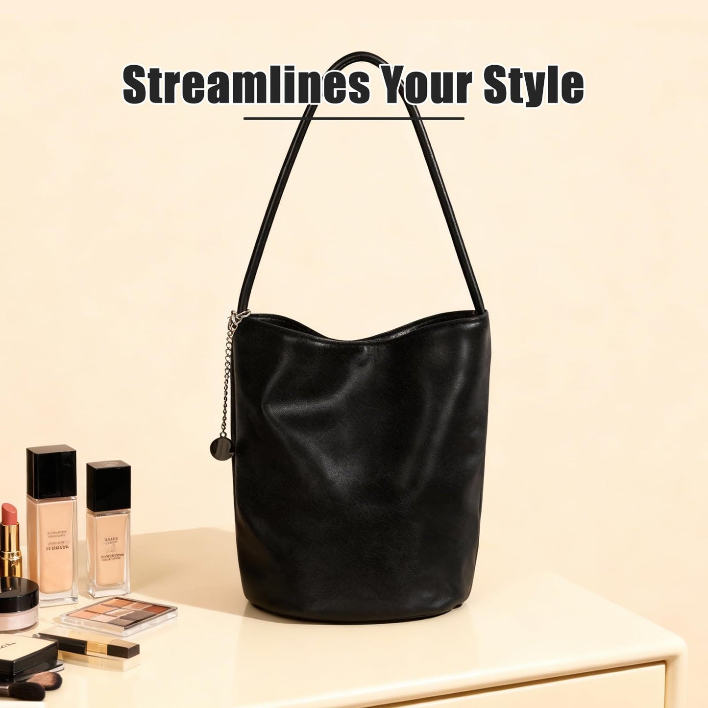 LuyaVogue Shoulder Bag for Women, Soft Leather Fall Trendy Designer Bag, Handle Bucket Bag with Pocket (Black)