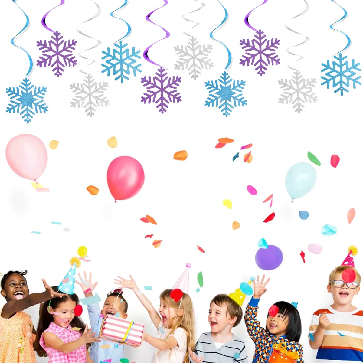 30PCS Frozen Snowflake Hanging Swirl Decorations, Winter Snowflakes Ceiling Streamers Sparkly Snow Decor for Birthday Party Christmas Winter Wonderland, Glitter Purple Blue Sliver Snowflakes Garland