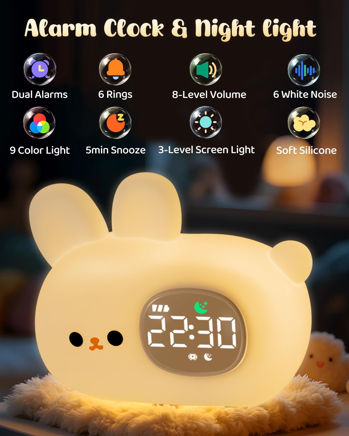 Yiliaw Bunny Alarm Clock for Kids with Night Light, Sleep Training Clock Time to Wake Clock, Rechargeable Silicone Light for Bedroom, Perfect Sleep Companion for Boys Girls