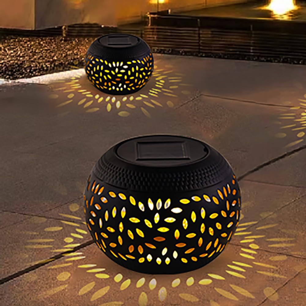 Solar Table Light Outdoor Waterproof- Solar Powered LED Lantern Hollowed-Out Black Metal Desktop Decorative Lamp for Indoor Desk Bedroom Patio Garden Pathway Yard