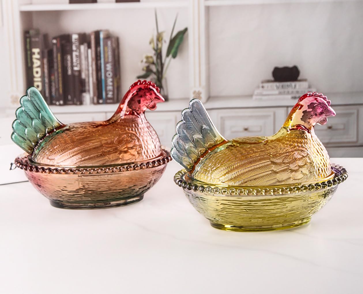 WAIT FLY Chicken Shape Glass Candy Dish with Lid Cookie Jar Candy Jar-Brown