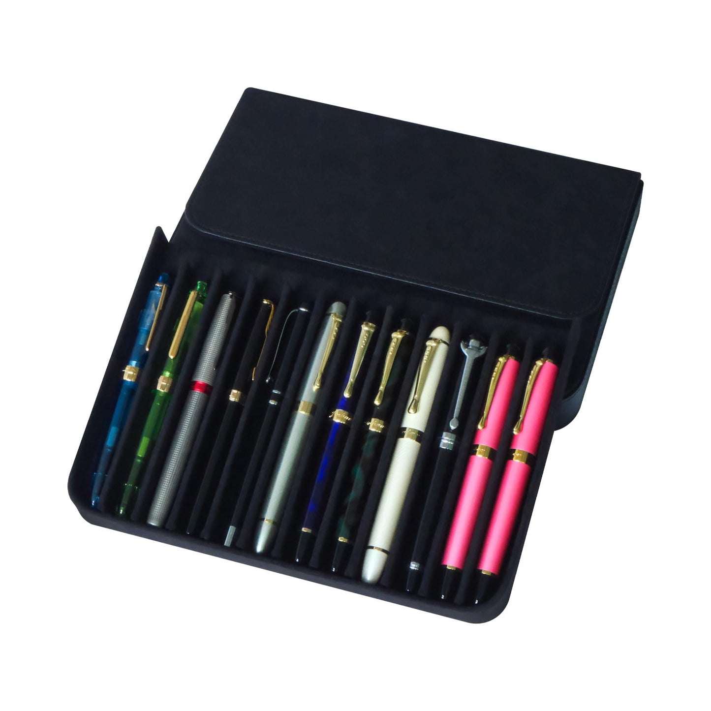 MIVLXLX PU Leather 12 Fountain Pen/Pencil Tray Case Organizer, Fashion Design, Handmade, Magnetic Closure with Drawer, Christmas Gift for Man/Woman/Office, 12 Slots(black)