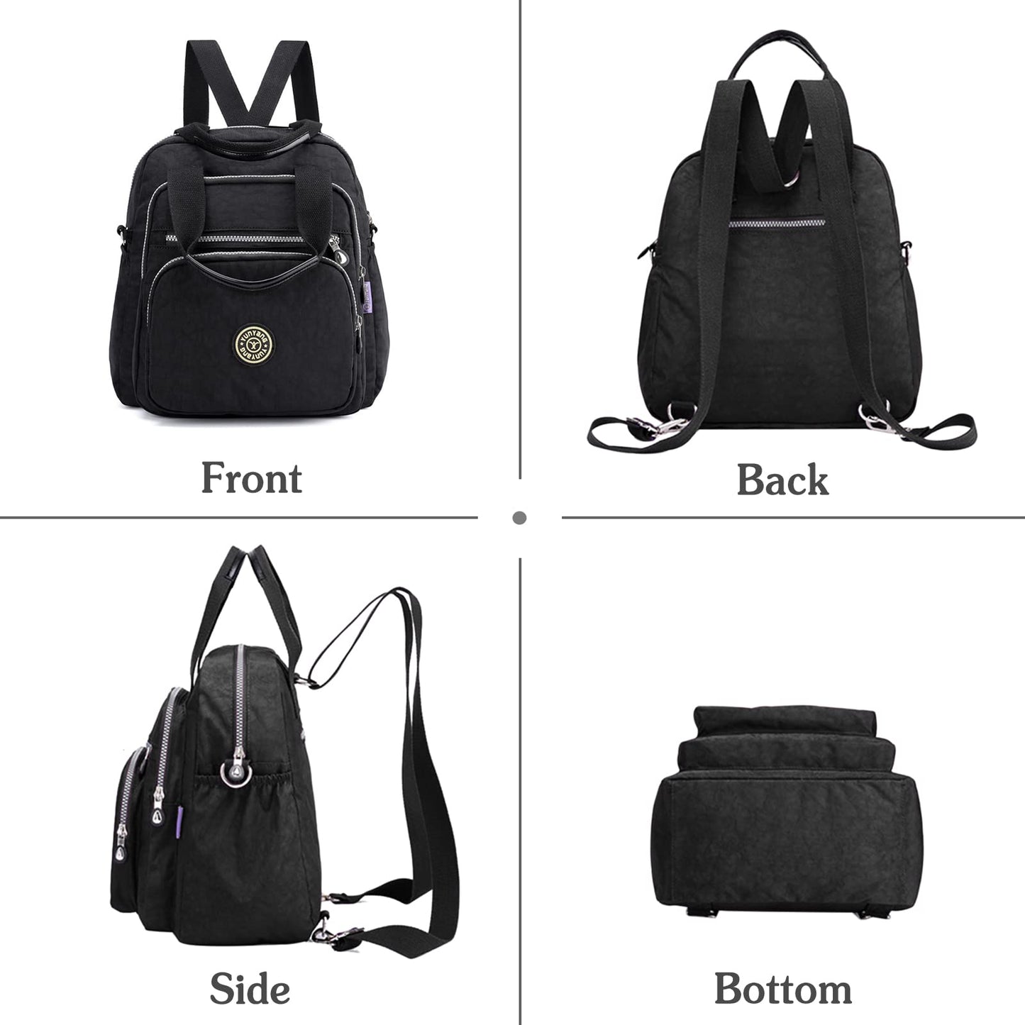 PORRASSO Casual Backpack Women Shoulder Bag Ladies Crossbody Bag Nylon Handbag Girl Daypack for Work Travel Daily Use, Black, L, Daypack Backpacks