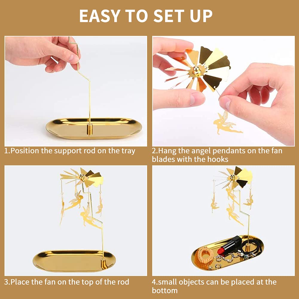 Creahaus Spinning Candle Holder with Tray, Glod Carousel Candle Spinner, Rotating Metal Tea Light Candle Holder for Table Centerpiece, Christmas, Valentine's Day, Party Decor, Gift (Gold Elves)