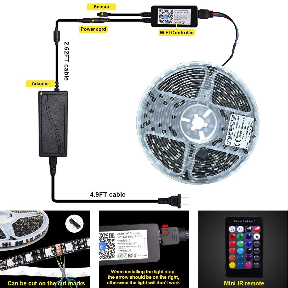 LETOUR LED Strip Lights, WiFi Wireless Smart Phone Controlled Color Changing Rope Lights 16.4ft SMD 5050 RGB Light Strips Sync to Music, Working with Android and iOS System,Alexa, Google Assistant