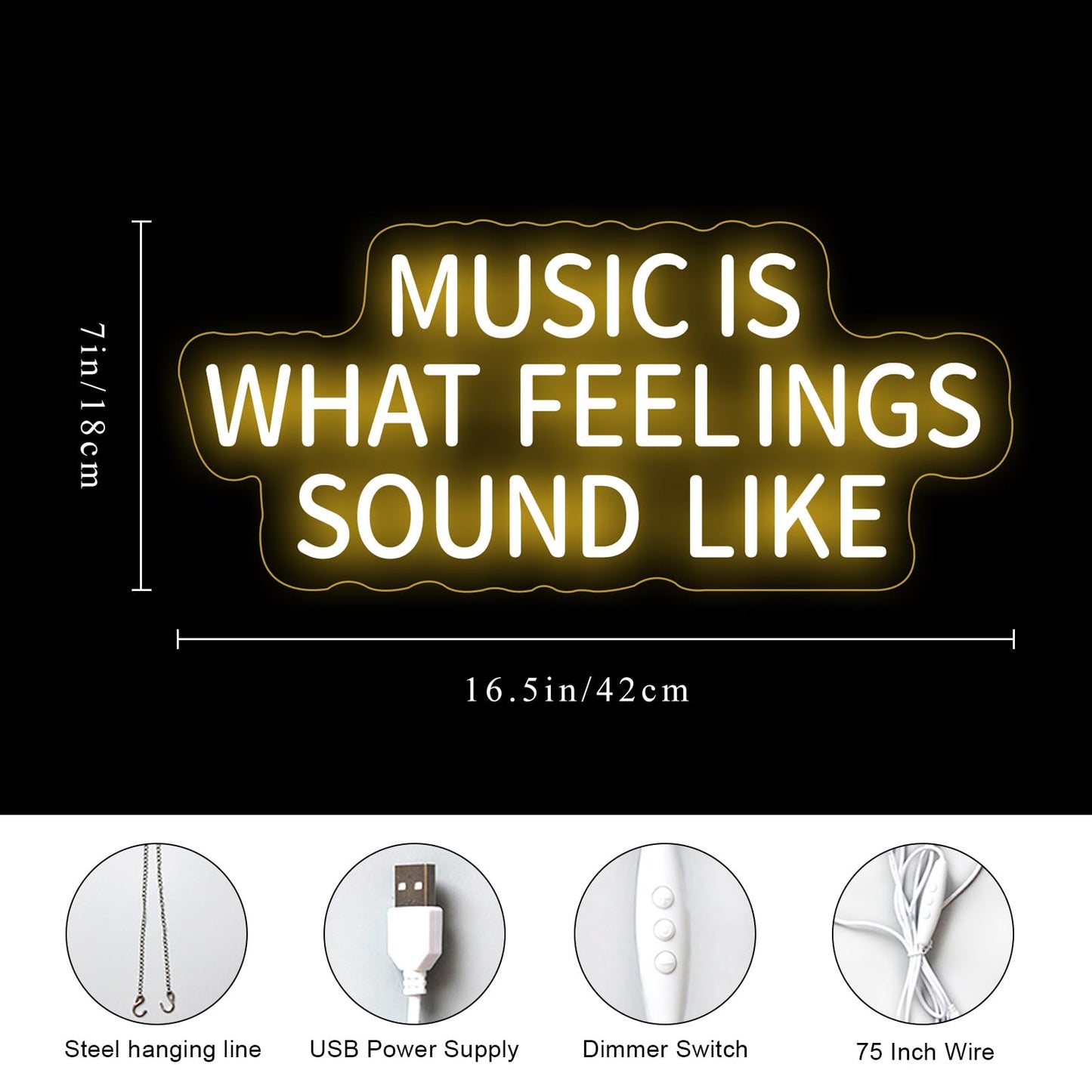 Music Is What Feelings Sound Like Neon Sign For Wall Decor Warm White Letter Neon Light Recording Studios Live Music Neon Light Sign LED Word Light for Studio Concert Bar Bedroom Decoration