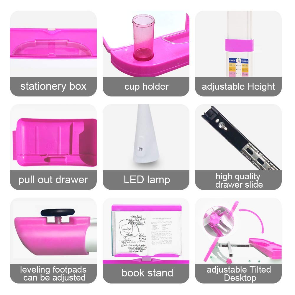 LVYUAN Kids Functional Desk and Chair Set, Ergonomic Height Adjustable Children School Study Desk with Tilt Desktop, Book Stand, LED Light, Metal Hook and Storage Drawer for Boys Girls(Pink)