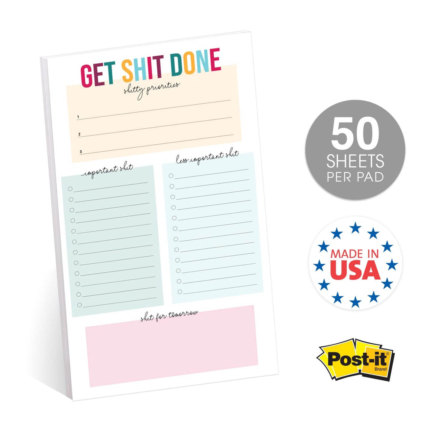 Get Shit Done to Do List / 6" x 10" Hilarious Sticky Note Fill in Task List / 50 Sheets Per Pad/Snarky Sticky Note Schedule Checklist/Made in USA
