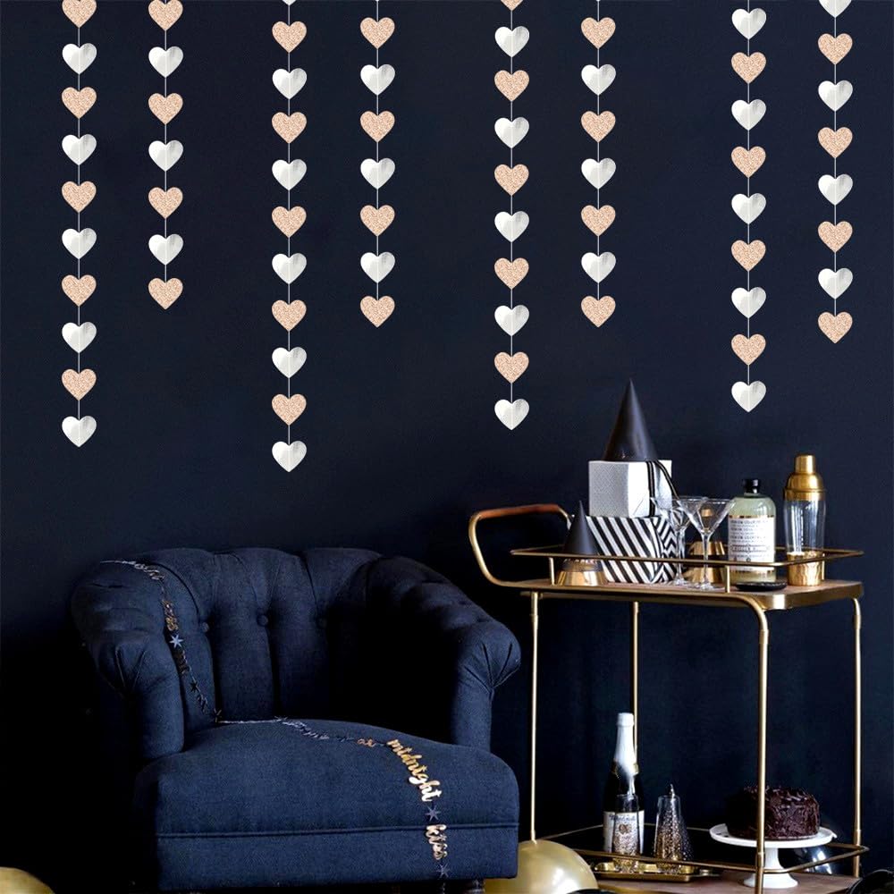 Champagne-Silver Disco Boho Party-Decoration Heart Garland - 52ft Glitter Birthday New Years Eve Hanging Backdrop Streamers,Engagement Wedding Bachelorette Banner Decor Lasting Surprise