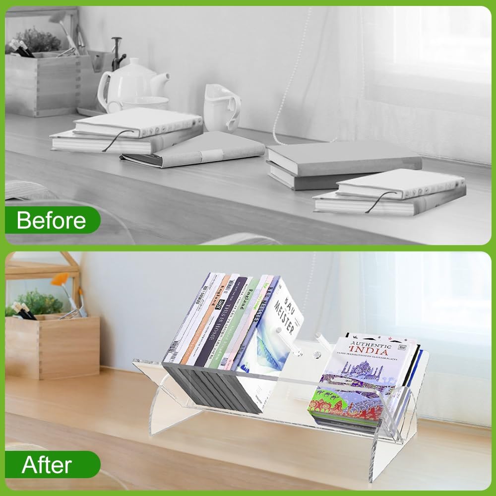 Picowe Acrylic Desktop Bookshelf, Transparent Tabletop Book Stand Organizer with Semi-Circular Base, Book Holder Display Rack for Books, CDs, Magazines