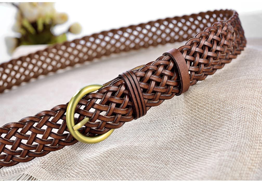 ANNULOYA Women Leather Braided Belts for Dress 1.2 Inch Hand Made Soft Girls Woven Wasitbands with Round Gold Buckle (Brown, Free Size)