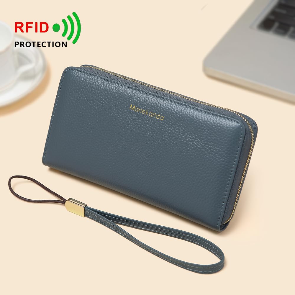 Fashionable long RFID leather women's wallet, large capacity multi slot phone case, zipper closure, detachable wrist strap, hand-held wallet (Light Blue)