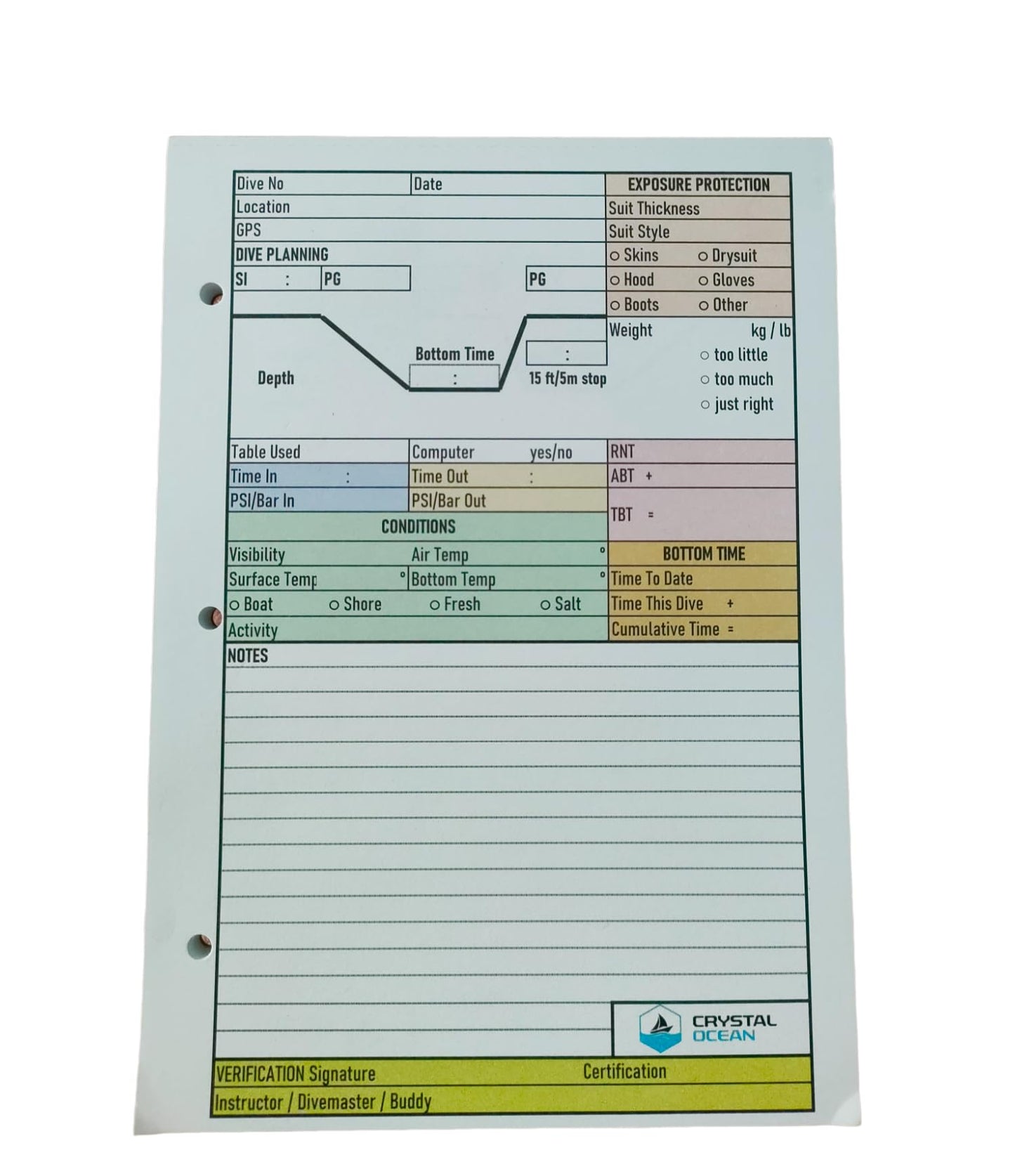 Crystal Ocean Dive Log Sheets (100 logs / 50 sheets) & Imperial No Decompression Waterproof Dive Planner (feet)