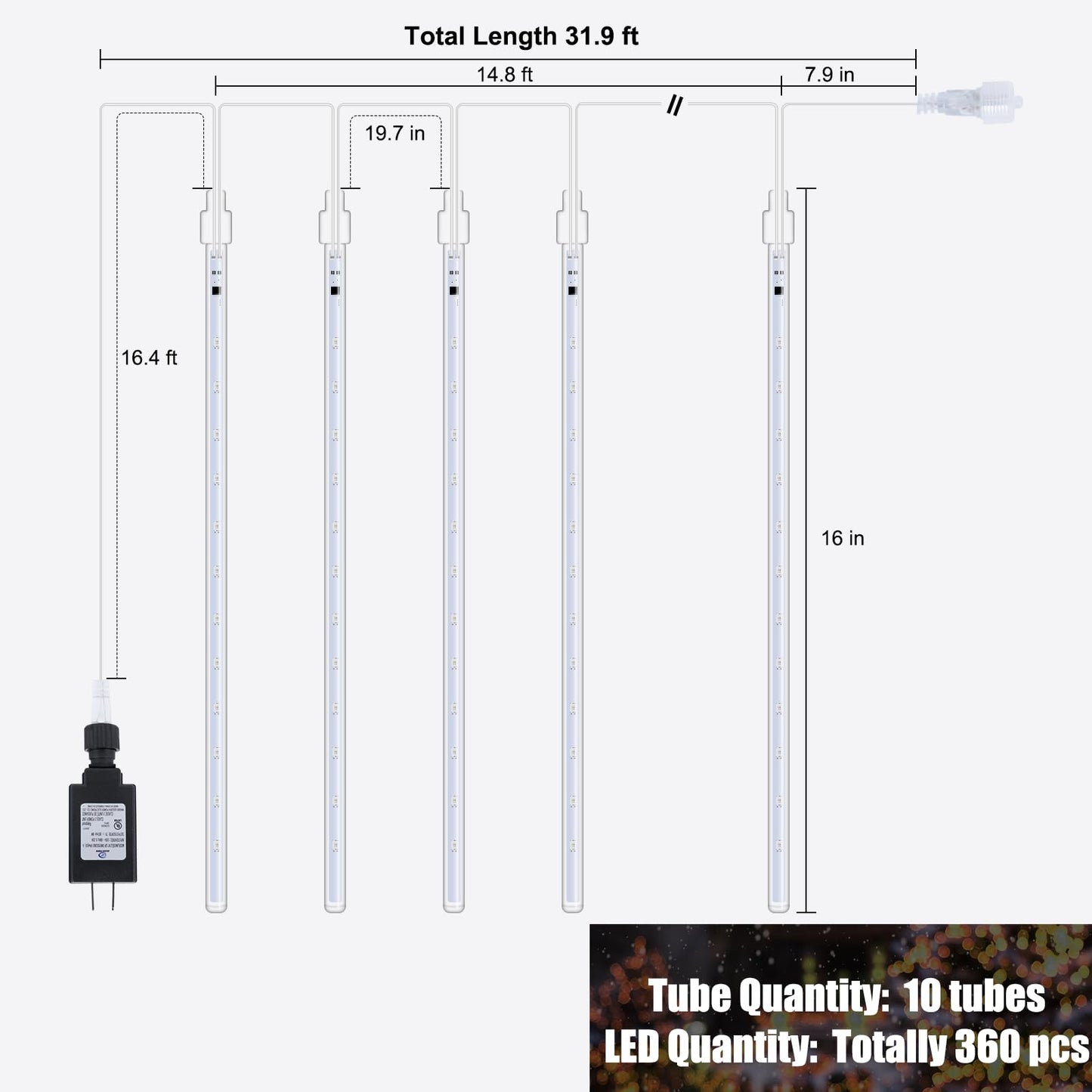 Meteor Shower Lights Outdoor, 16 Inches 10 Tubes 360 LED Snowfall Lights, Waterproof Meteor Christmas Light, Hanging Falling Rain Light for Tree Bushes Holiday Party Christmas Decor, Warm White