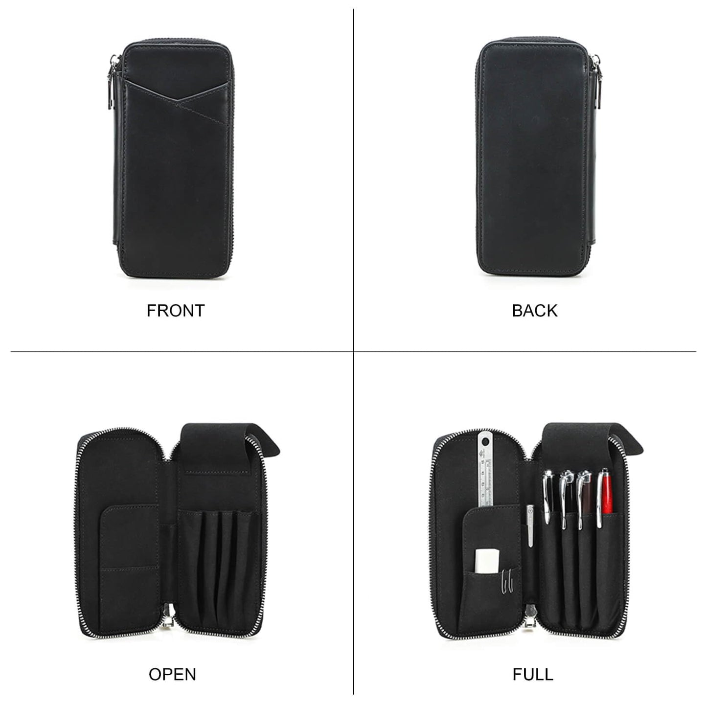 Hiram Handmade 4-Pen Case, Triple-Zip Crazy-Horse Leather Pouch with Microfiber Suede Lining, Heart-Stamped, Fountain/Ballpoint Box, Vintage Executive Stationery Storage(Black)