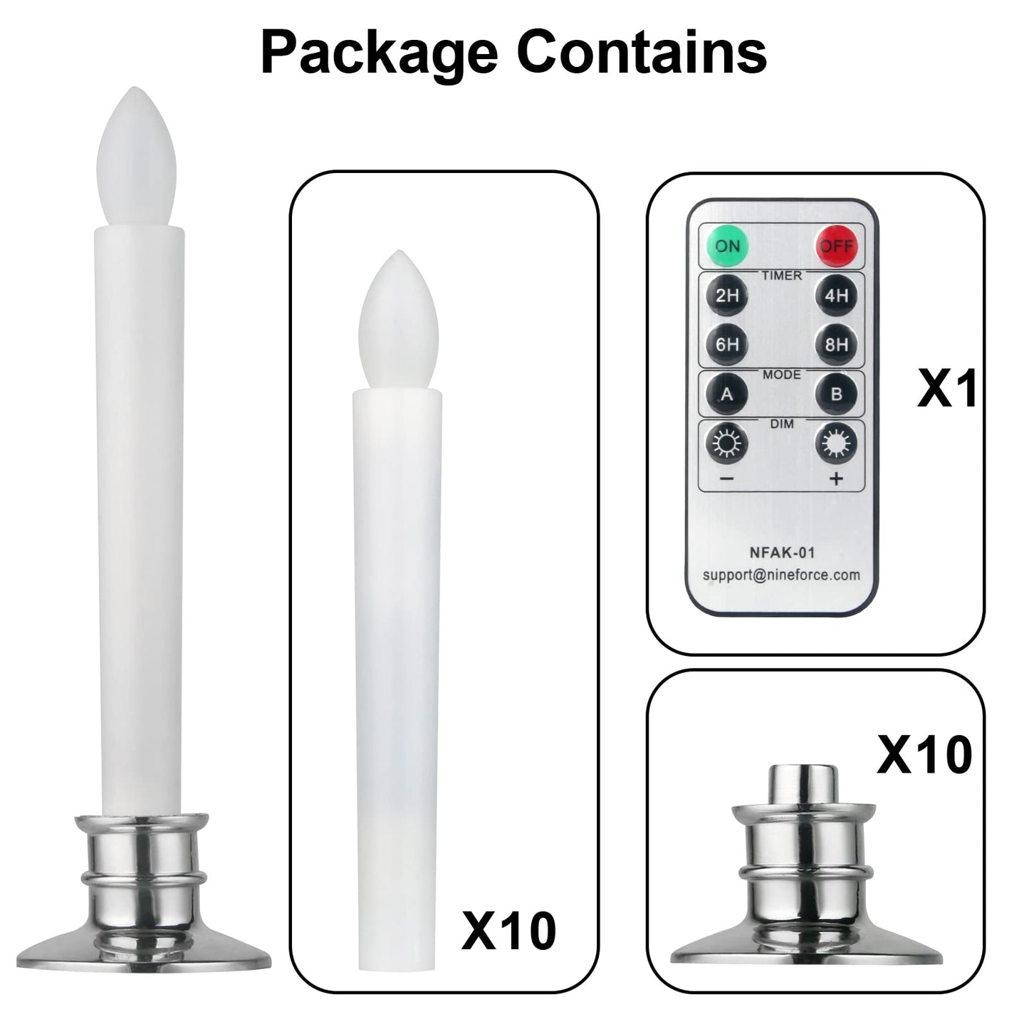 CelebrationLight 10 Pack Flameless Taper Candles with Remote/Timer, Battery Operated Flickering LED Window Candles, Vintage Christmas Electric Fake Candlesticks, Silver Holder