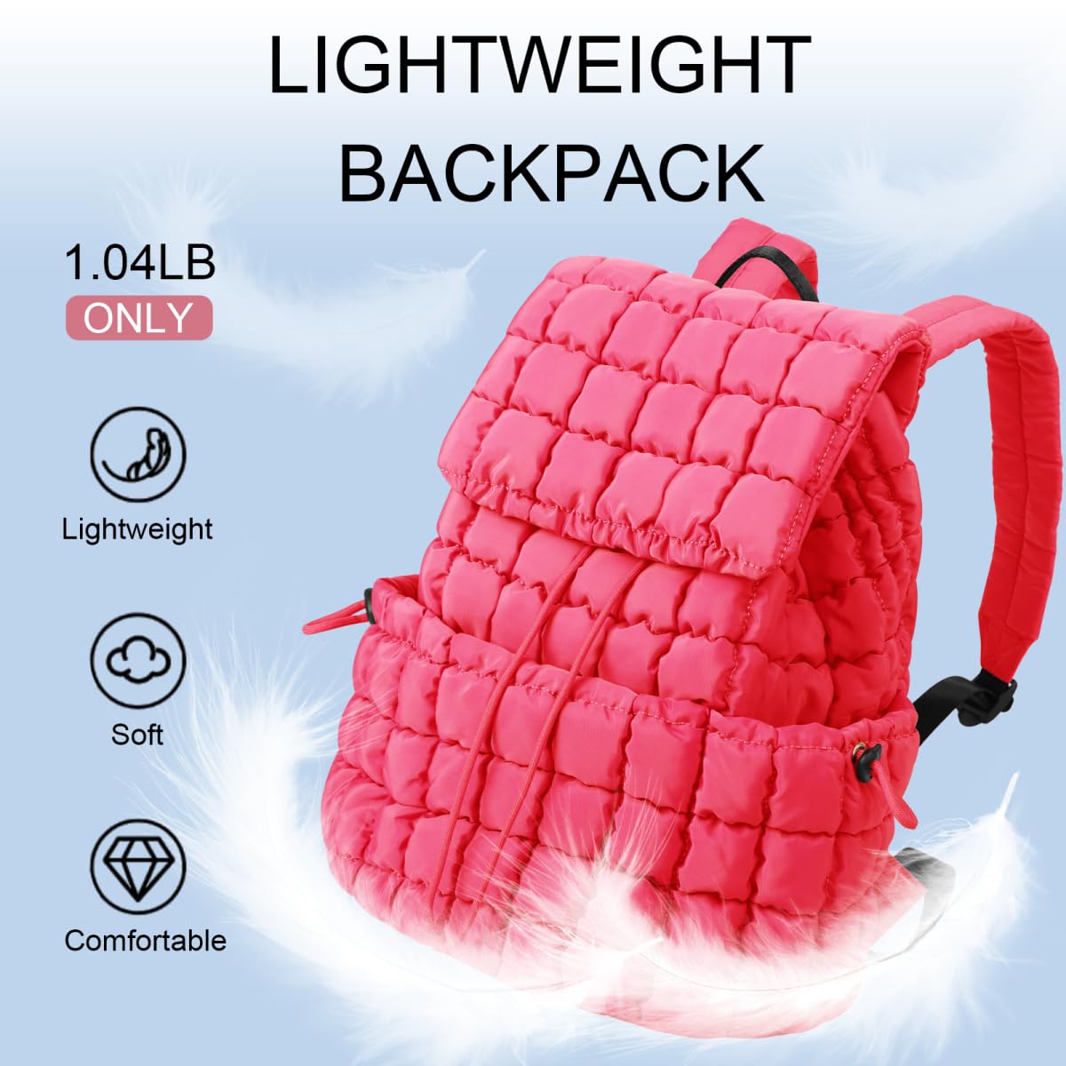 XSUIOY Quilted Backpack Purse for Women Small Lightweight Puffer Puffy College Laptop Backpack Nylon Casual Bookbag Daypack Top Flap Drawstring Padding Hiker Travel Gym Backpack(Rosered)