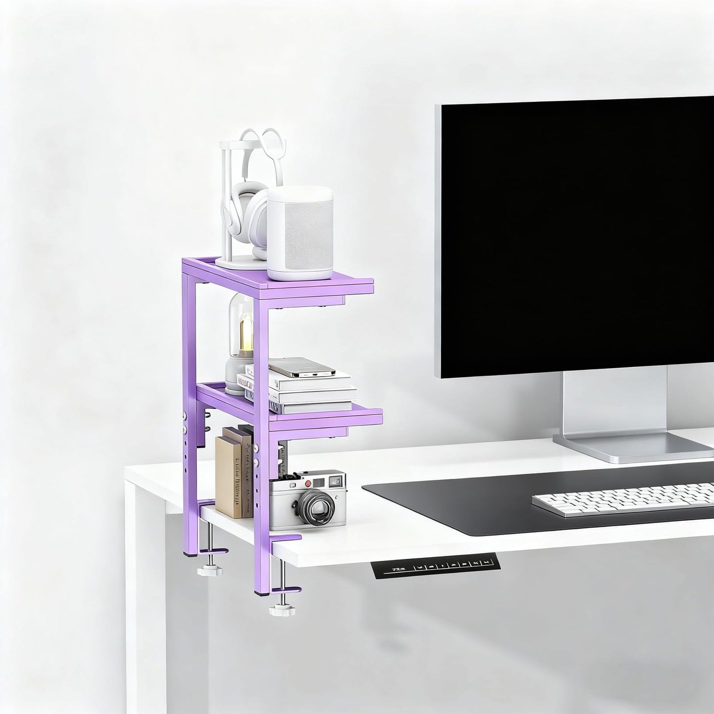 Spacrea clamp on Desk Shelf, 2 Tier Office Desk Shelves Organizer, Wood Desktop Supplies Storage Rack, Desk Organizers and Accessories (Purple)