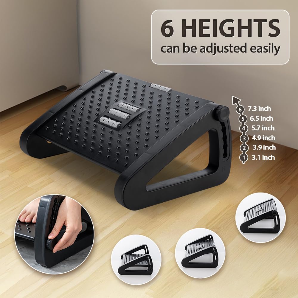 CasaZenith Foot Rest, Six Heights Adjustable Foot Rest for Under Desk at Work, Ergonomic Foots Stool for Under Office Desks, Under Desk Footrest with Foot Massage Roller, Chair Footrest for Leg Rests