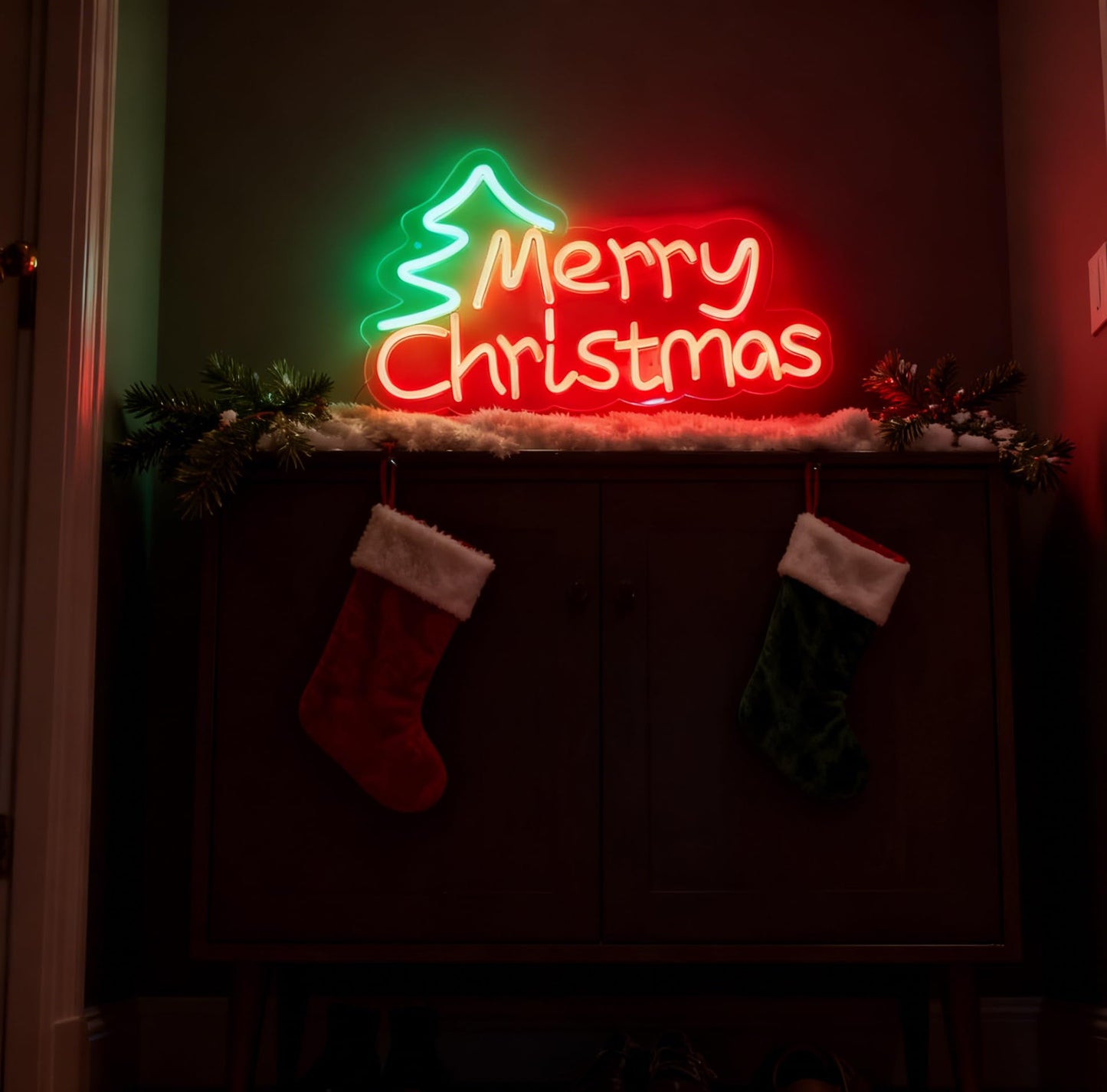 Merry Christmas LED Neon Sign, Dimmable Merry Xmas Decorative Light Holiday Theme Decor for Living Room Bedroom Party Pub Home Wall Table Festive Vibe Light Up Letters Sign, 17 x 10.2 In