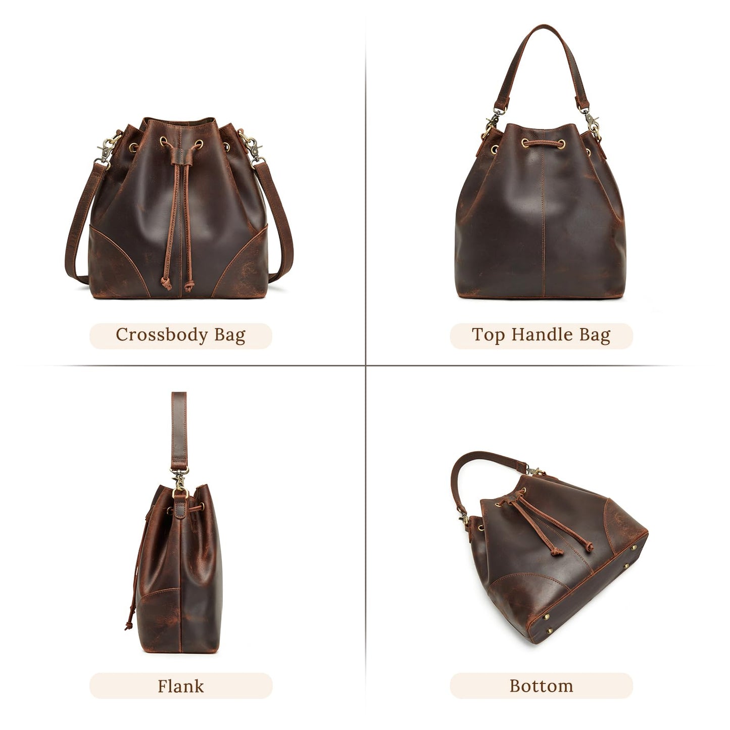 S-ZONE Genuine Leather Bucket Bags for Women Drawstring Crossbody Purses Shoulder Top Handle Handbags with 2 Straps