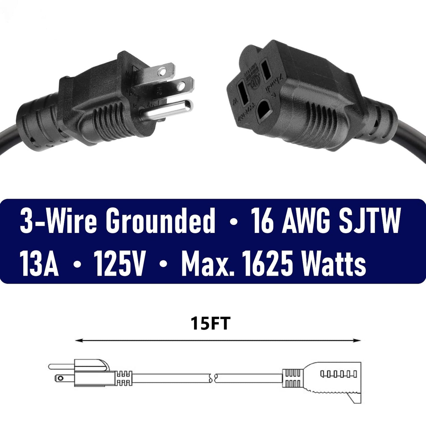 BELLLIGHTS 2-Pack 15ft Extension Cord 16 SJTW AWG Heavy Duty 3 Prong Power Cord