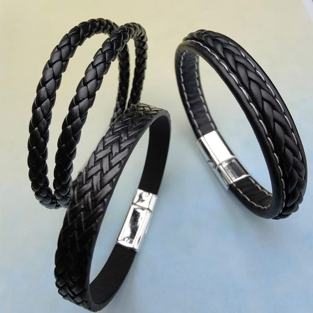 BOMAIL 10Pcs Black Leather Bracelets for Men Women Braided Leather Wristband Cuff Bracelets Punk Leather Bracelets Set