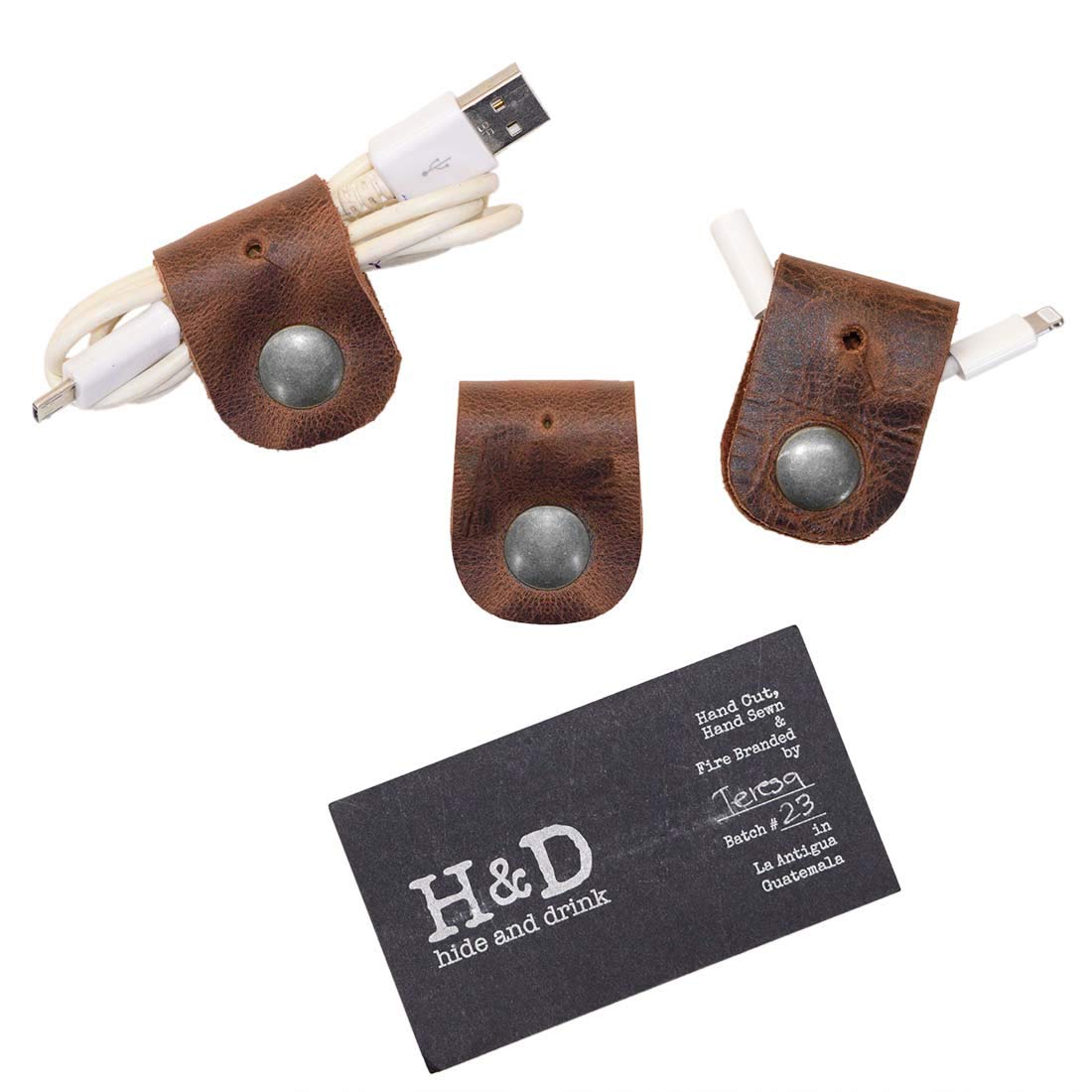 Hide & Drink, Set of 3 Cord Keepers, Straps for Cables, Travel Organizers, Charge Holder, Travel Essentials, Full Grain Leather, Handmade, Bourbon Brown