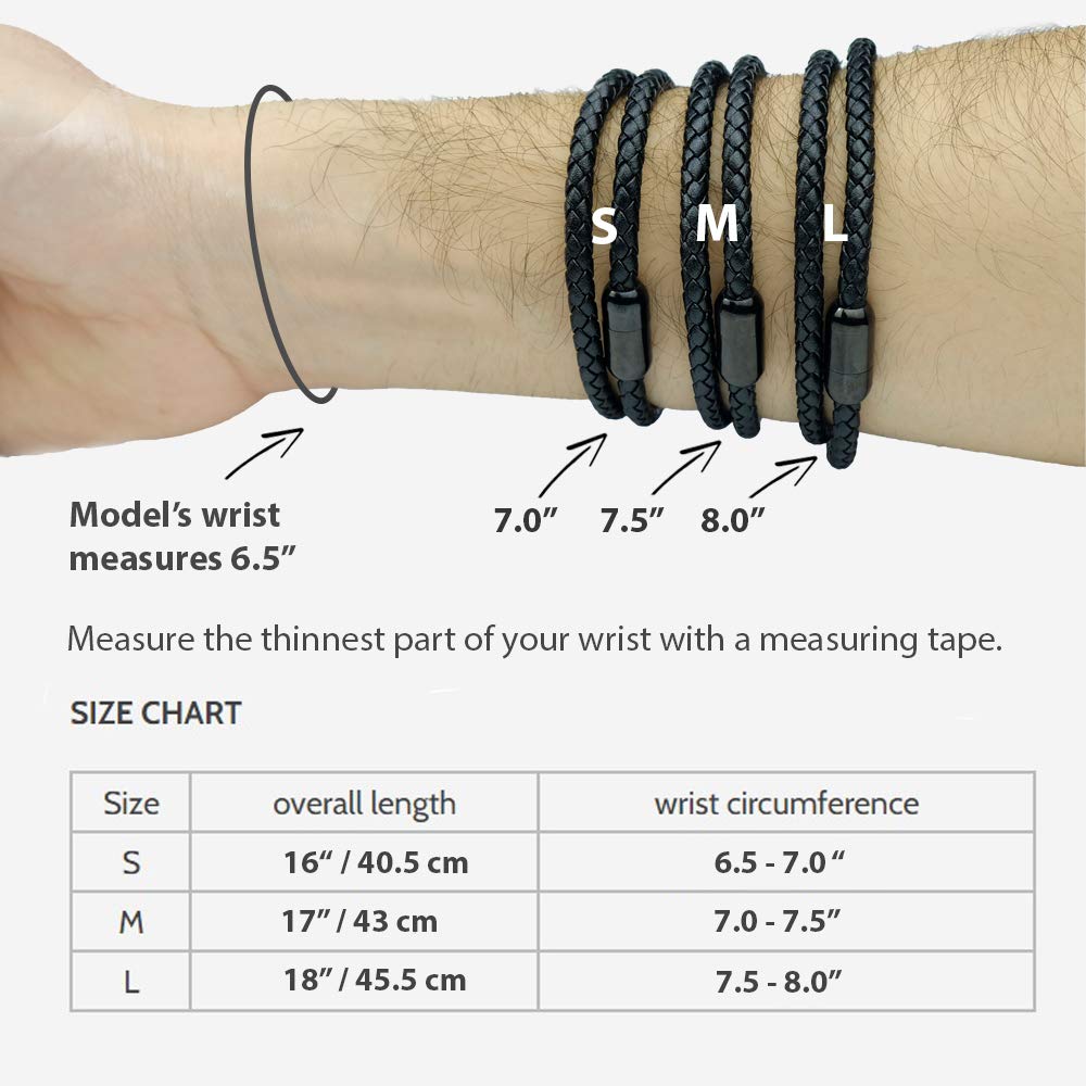 Globi Leather Bracelet For Men | Genuine Wrap Braided Leather Cuff Bangle Bracelet with Magnetic Stainless Steel Clasp For Men/Women (Black 8”)