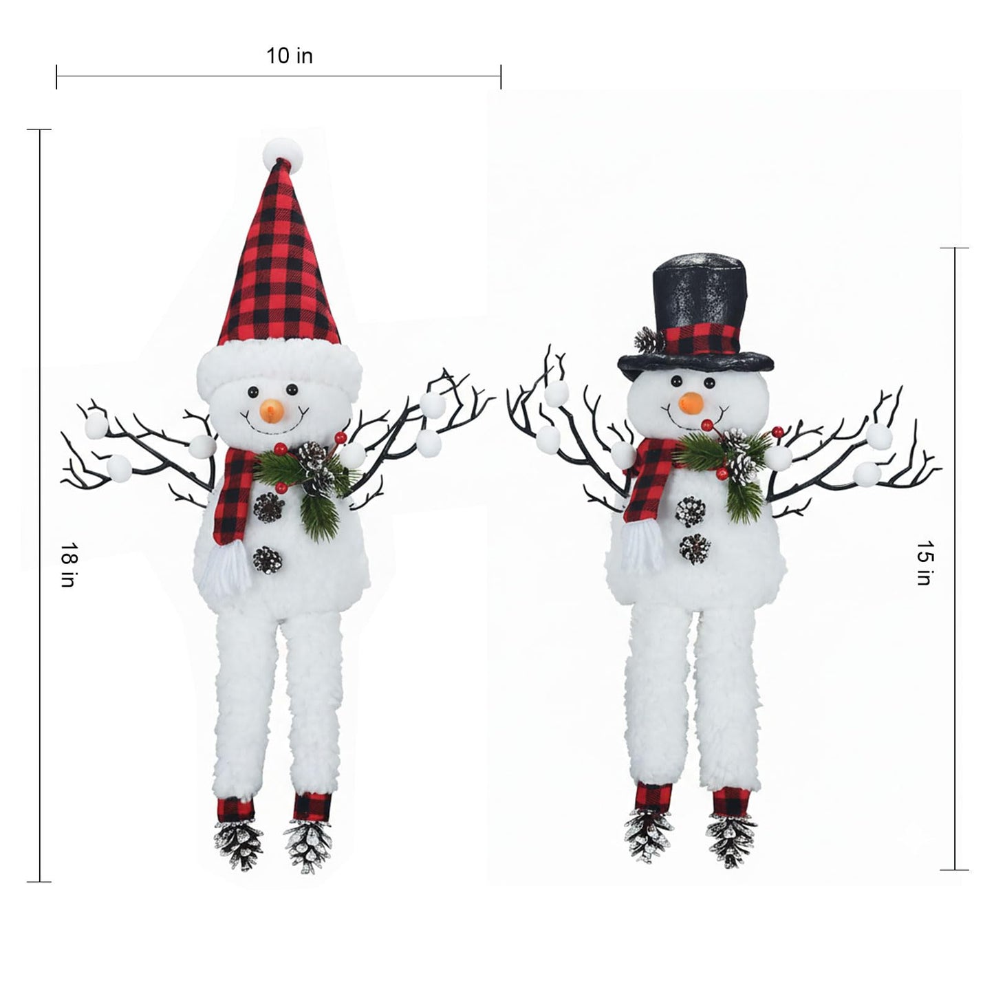 2 Pack Christmas Table Decorations, 18" Lighted Plush Snowmen Christmas Trees with Pine Cone Twigs, Light Up Snowman Holiday Present, Battery Operated Xmas Gifts Tabletop Ornaments (Black and Red)