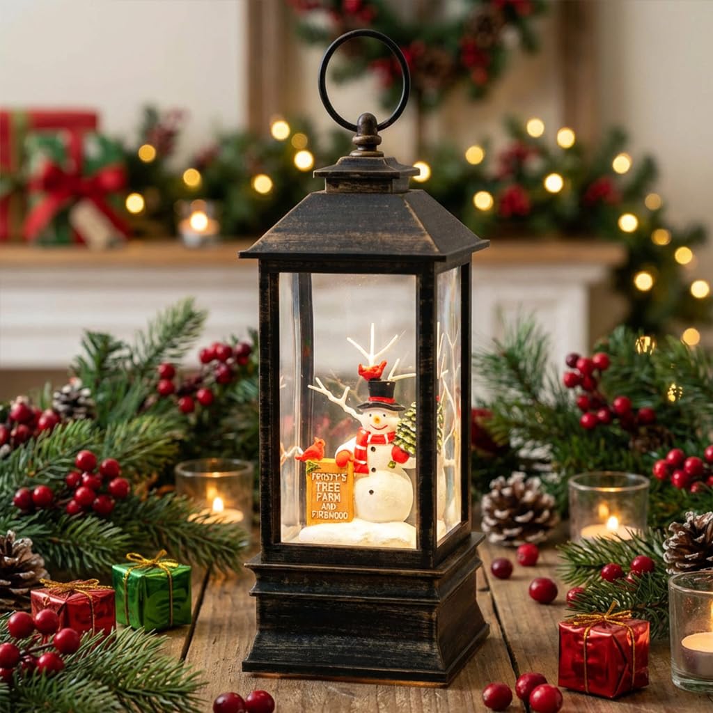 10" Christmas Snow Globe Lantern with Farm Snowman,Lighted Swirling Glittering Snow Globes with Music & Timer, Christmas Decorations for Home Tabletop Indoor