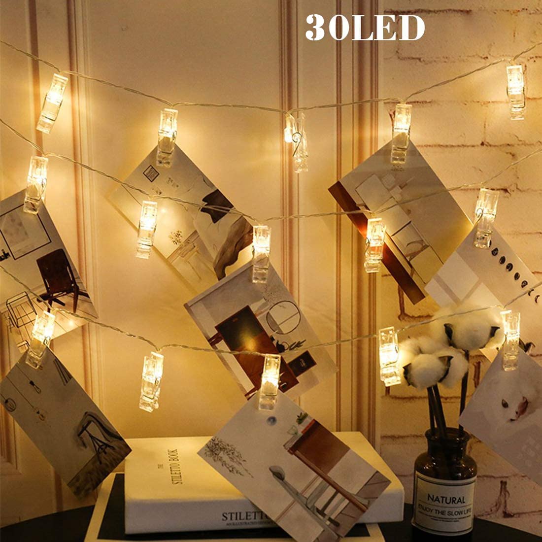 Dopheuor LED Photo Clip Copper String Lights Starry Fairy Warm Yellow Lights Battery Powered for Hang Pictures Cards Bedroom Wall Decorations Christmas Patio Halloween Thanksgiving WeddingParty Decor