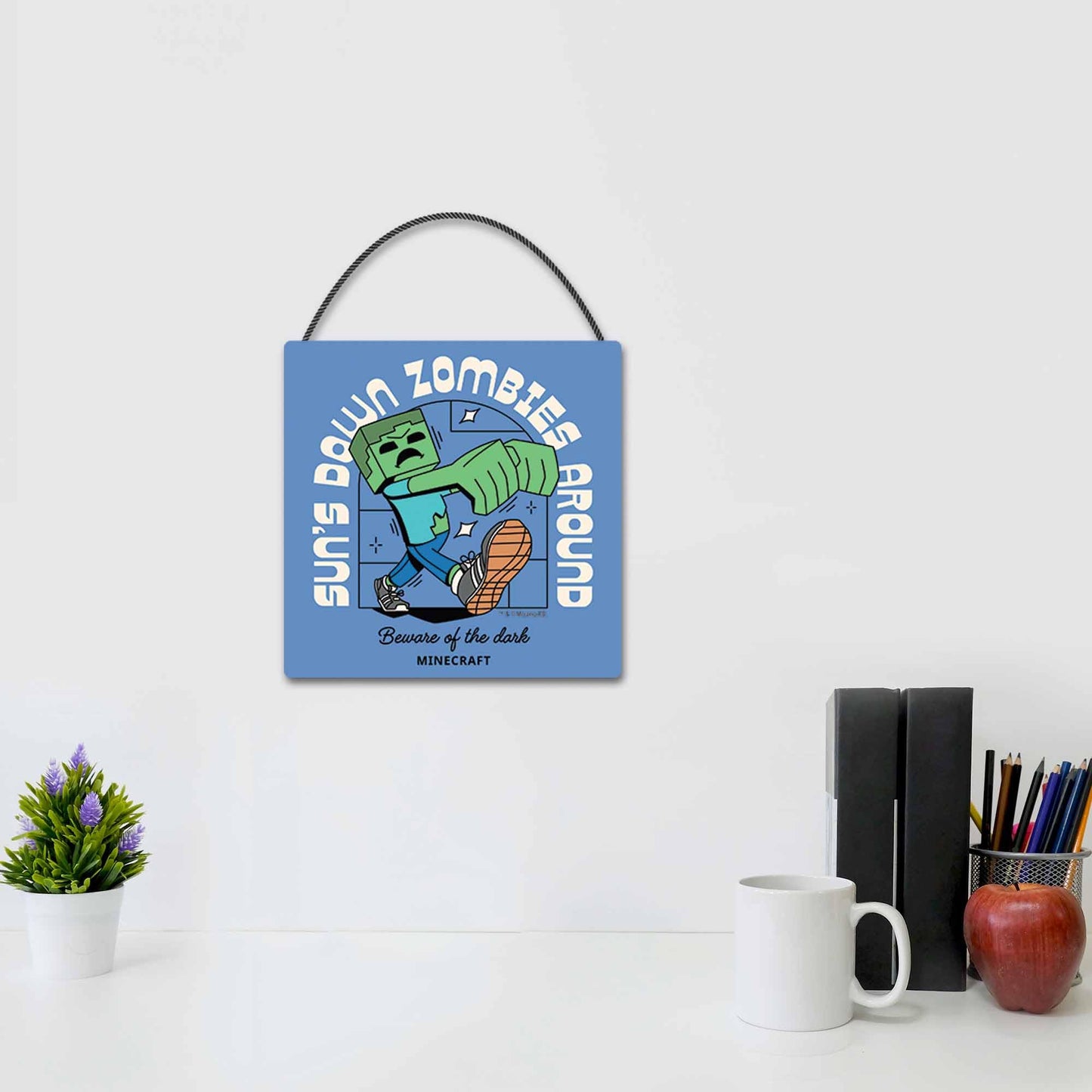 Minecraft Sun's Down Zombies Around Hanging Wood Wall Decor - Fun Minecraft Zombies Sign for Bedroom or Game Room